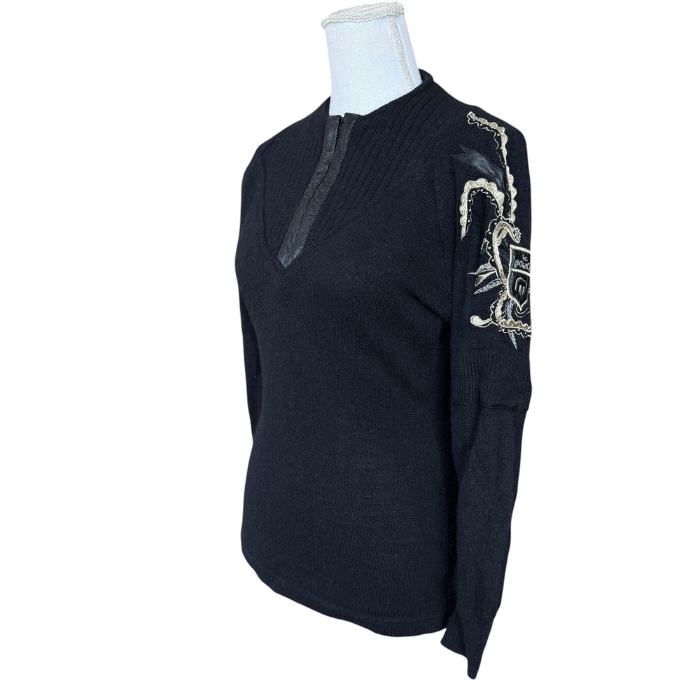 Le Pointy Paris Vintage Lambswool Angora Embroidered Crest Sweater Black Large